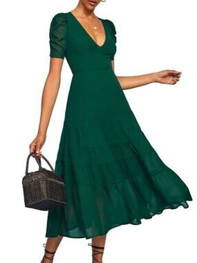 NWOT REFORMATION Emerald Green Cosa Ruched Sleeve Tiered Deep V-Neck Dress